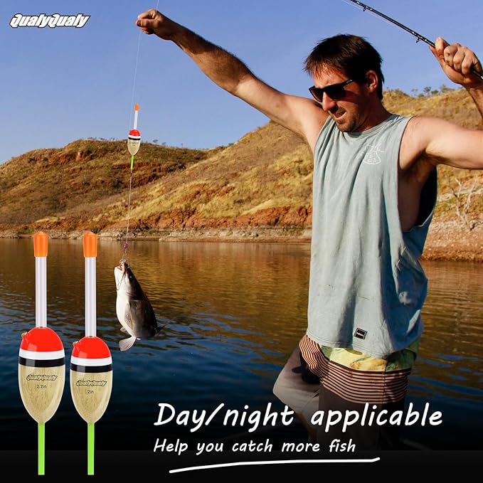 QualyQualy Lighted Fishing Slip Bobber 4-5Pcs Wood/EVA Fish Float + 8-10Pcs Glow Sticks, Night Fishing Light Up Slip Bobber for Crappie Bass Panfish Catfish Walleye