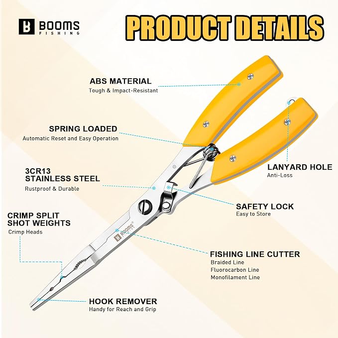 Booms Fishing Pliers Hook Remover: 8" Long Nose Fish Pliers Stainless Steel for Saltwater - Braid Line Cutters with Coiled Lanyard and Safety Lock Design, Multi-Function Fishing Tool for Men, H06