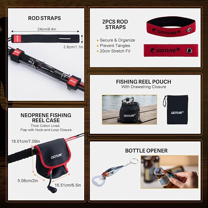 Goture Spinning Fishing Rod & Reel Combo with Carrier Bag,6.6-9FT,Spin Reels, Lures Kit, Pliers, Braided Line, Fish Gripper, Carbon Fiber Freshwater Fishing Rod Full Kit for Starter