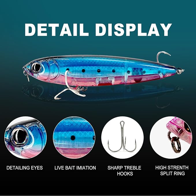 Topwater Fishing Lures, Minnow Lure for Bass Fishing, Life-Like Jerkbait Fishing Lures with Treble Hook, Popper Crankbait Sinking Lure for Freshwater/Saltwater