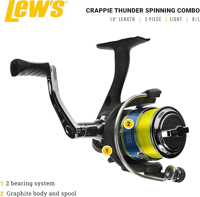 Lew's Crappie Thunder Spinning Reel and Fishing Rod Combo, 2-Piece IM6 Graphite Blank, Size 75 Reel, Right or Left-Hand Retrieve