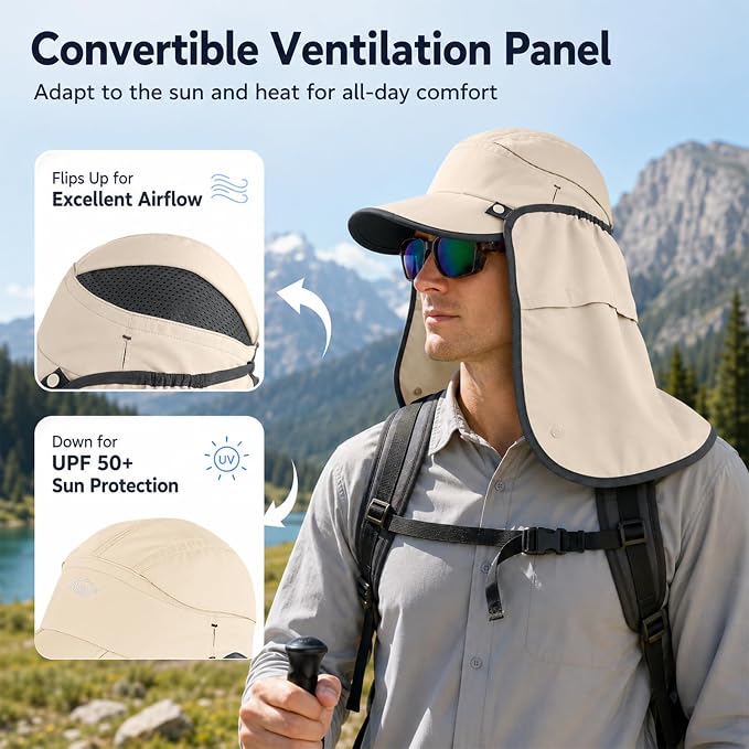 Palmyth Fishing Sun Hat with Detachable Neck Flap UPF 50+ Lightweight Hiking Hats Sunglass Lock Baseball Cap for Men Women
