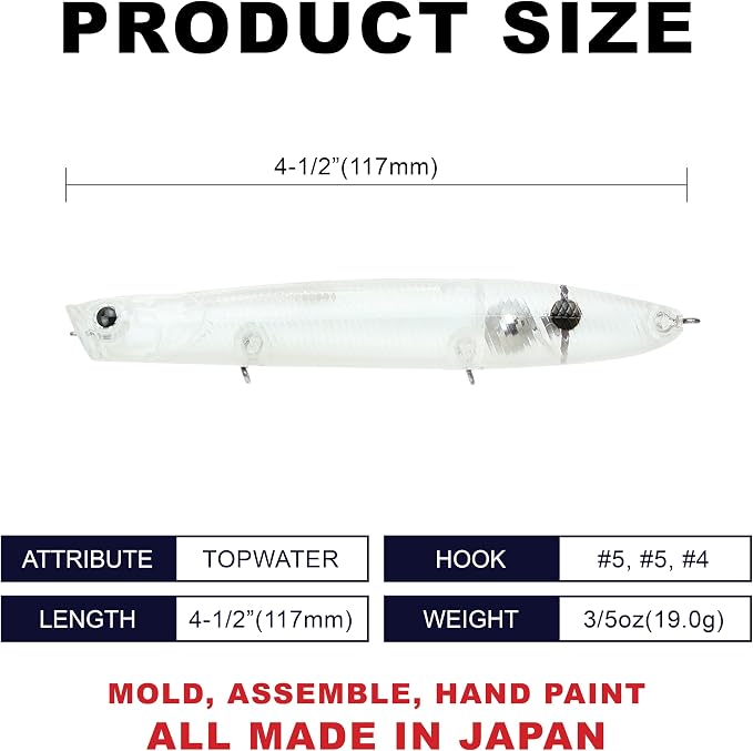 LUCKY CRAFT Gunfish 117 Freshwater Fishing Lures, Top Water Fishing Gear for Trout and Bass Fish, Spooks Cupped Mouth Walker, Long Casting Treble Hooks, Fish Accessories for Tackle Box