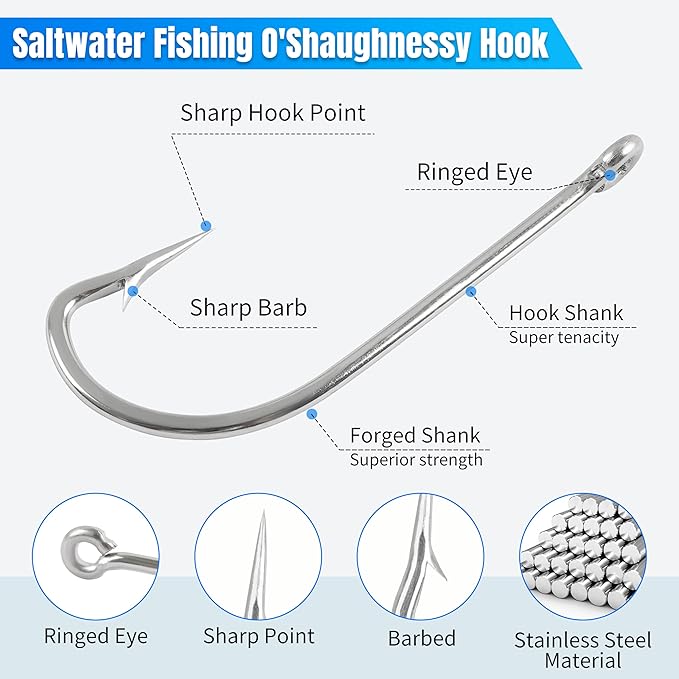 Saltwater Fishing J Hooks,35pcs O'Shaughnessy Forged Extra Strong Stainless Steel 34007 Trolling Long Shank Fishing Hooks for Sea Bass Striper Bluefish Catfish Snapper Saltwater Freshwater Fishing