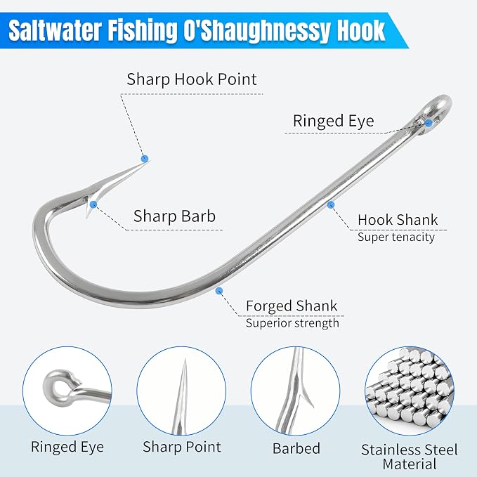 Saltwater Fishing J Hooks,35pcs O'Shaughnessy Forged Extra Strong Stainless Steel 34007 Trolling Long Shank Fishing Hooks for Sea Bass Striper Bluefish Catfish Snapper Saltwater Freshwater Fishing