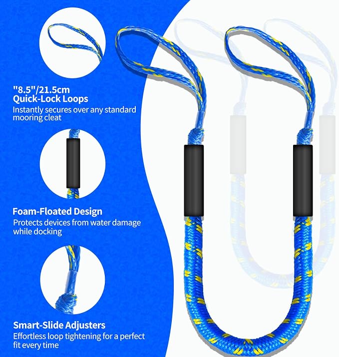 2-Pack Bungee Dock Lines for Boats with Loops, Boat Tie Downs for Docking, Adjustable Boat Mooring Rope for Pontoon, Jon Boat & PWC (Blue & Yellow, 4 FT)