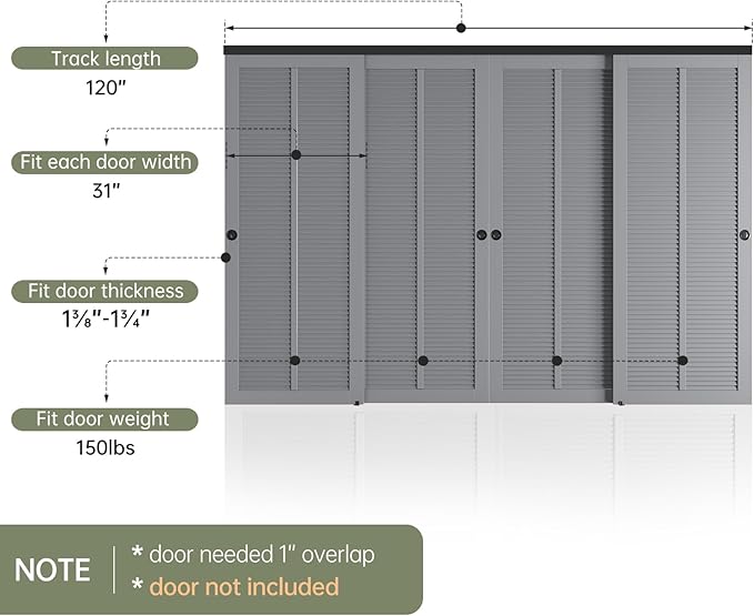 EaseLife 10FT/120in Bypass Double Sliding Pocket Door Hardware Kit,Commercial Grade,Aluminum,Bypassing Wardrobe Closet Door Track for 4 Door System,Slide Smoothly Quietly,Easy Install,Black,No Door