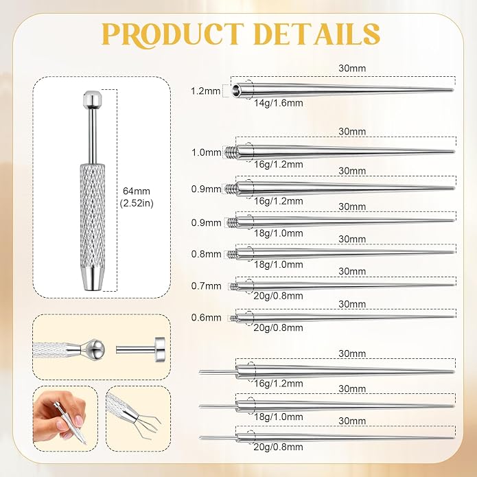 14g/16g/18g ASTM F136 Titanium Piercing Taper Insertion Pin for Internal Thread Tragus/Helix/Lip/Nose/Helix/Piercing Jewelry Cartilage Earrings Labret Nose Studs Stretcher Assistant Tool