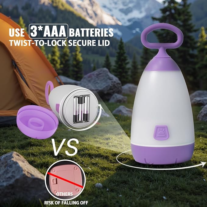 2-Pack Kids Camping Lantern & Night Light, Battery Operated, 360° Eye-Safe Light, IPX4 Waterproof RGB Portable, Sibling Gifts (Purple & Blue, 6× AAA Included)