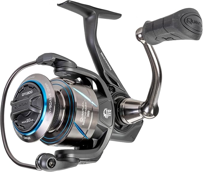 Quantum Benchmark Spinning Fishing Reel, 5+1 Bearings, Aluminum Frame, SEALOQ 6 Protection, GEARTEQ Machined Gears, CFX200 Carbon Fiber Drag, Silver/Blue