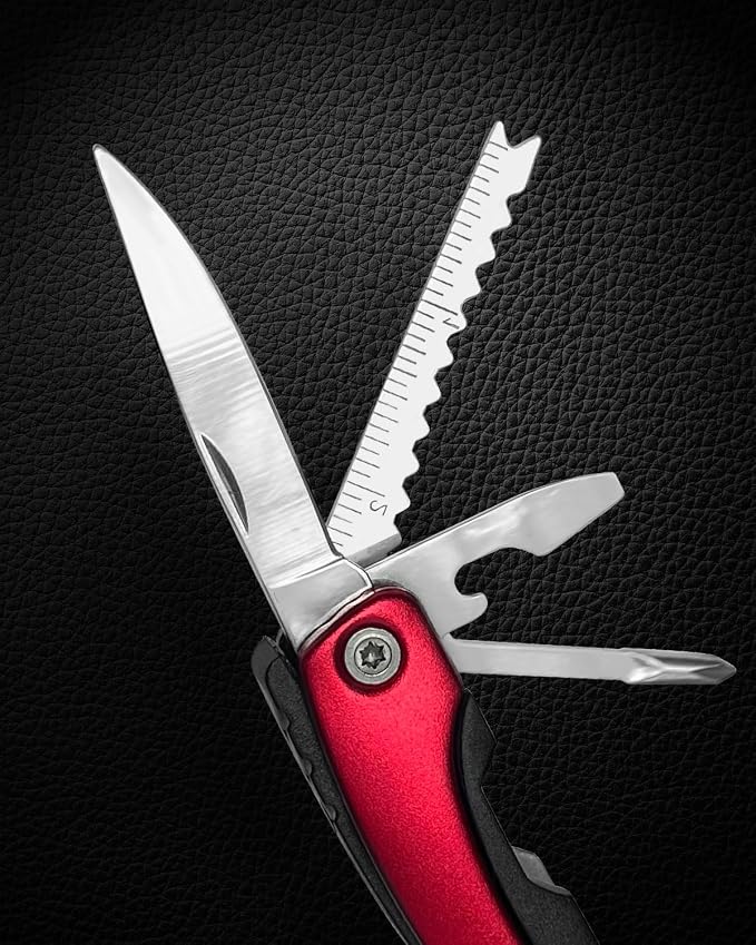 UNOONE 11-in-1 Multitool Pliers - Stainless Steel Pocket Knife with Pliers, Screwdriver & Bottle Opener - Aluminum Handle EDC Knives for Survival, Camping, Hunting, Hiking - Gift for Men Women (Red)