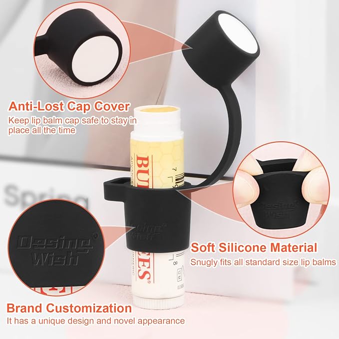 Silicone Chapstick Holder with Cap Cover, 0.6'' Diameter Portable Lip Balm Holder Key Chain Sleeve Chapstick Keychain Holder with Wrist Strap Lanyard - Black