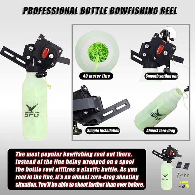 Bottle Style Bowfishing Reel for Recurve & Compound Bow, Zero-Drag One-Handed Operation Fishing Reel Kits with 40M 100 Lbs Dacron Line Complete Set with Mounting Screws