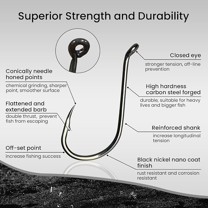 Pristis 25 Pack High Carbon Steel Fishing Hooks, Reinforced EWG Circle Octopus Round Bend 60 Degree Wide Gap Strong Barbed Worm Fish Hook Jig Bait Rig for Saltwater Freshwater Bass Tuna Walleye Trout