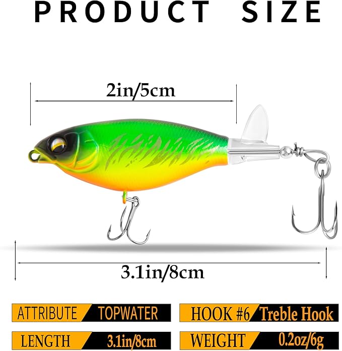 5Pcs Topwater Fishing Lures with Bait Box, Whopper Popper with Rotating Tail Treble Hooks, Plopper Floating Lure for Bass Crappie Walleye Catfish Pike Perch, Freshwater or Saltwater