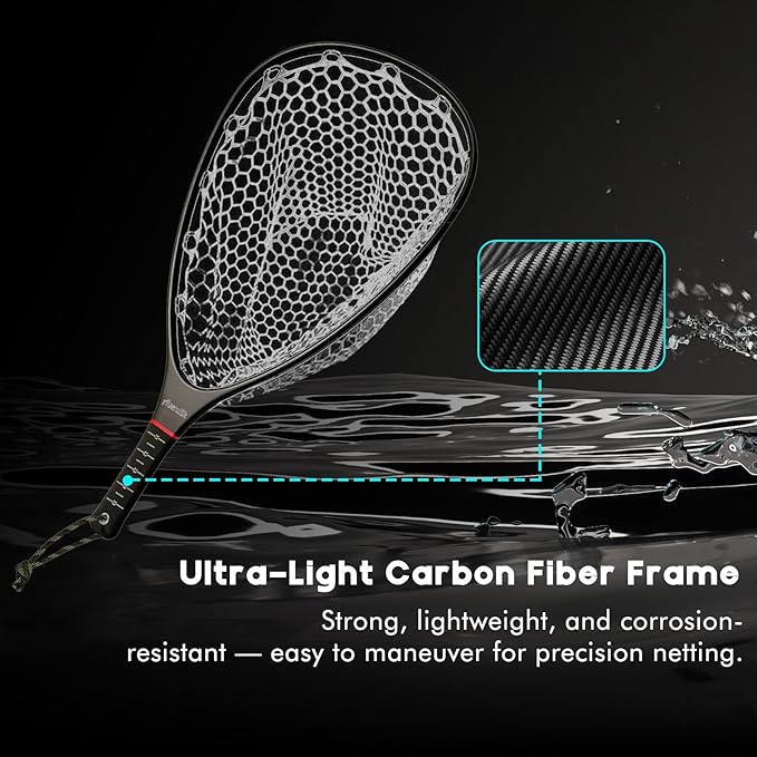 Riverruns Fly Fishing Landing Net Carbon Fiber Trout Net with Measurement Handle, Soft Rubber Mesh - 26" Standard (Wading) / 37" Long (Kayak)