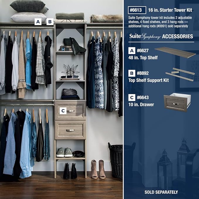 ClosetMaid SuiteSymphony Wood Closet Drawer, Add On Accessory, Shaker Style, For Storage, Closet, Clothes, 16” x 10” Size for 16 in. Units, Graphite Grey