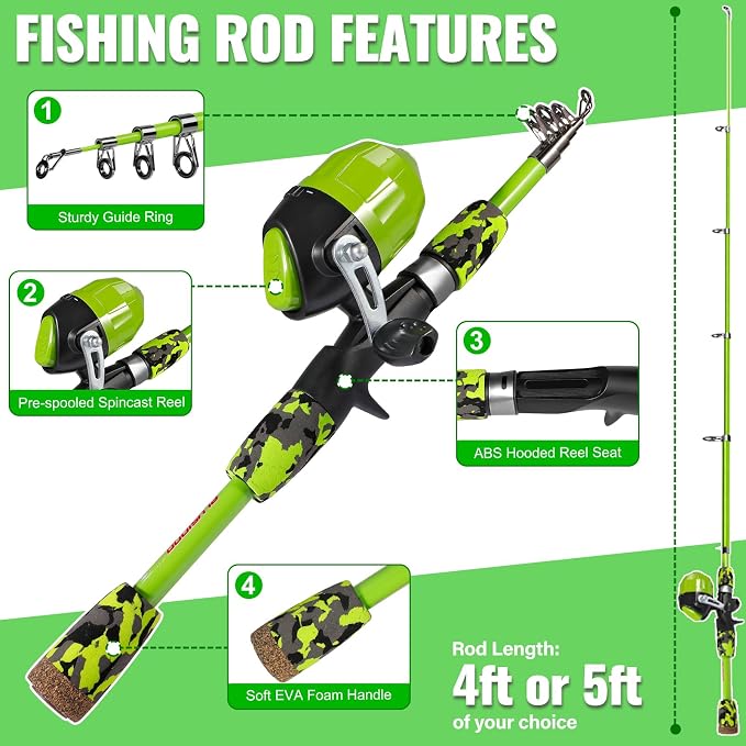 PLUSINNO Kids Fishing Pole with Spincast Reel Telescopic Fishing Rod Combo Full Kits for Boys, Girls, and Adults