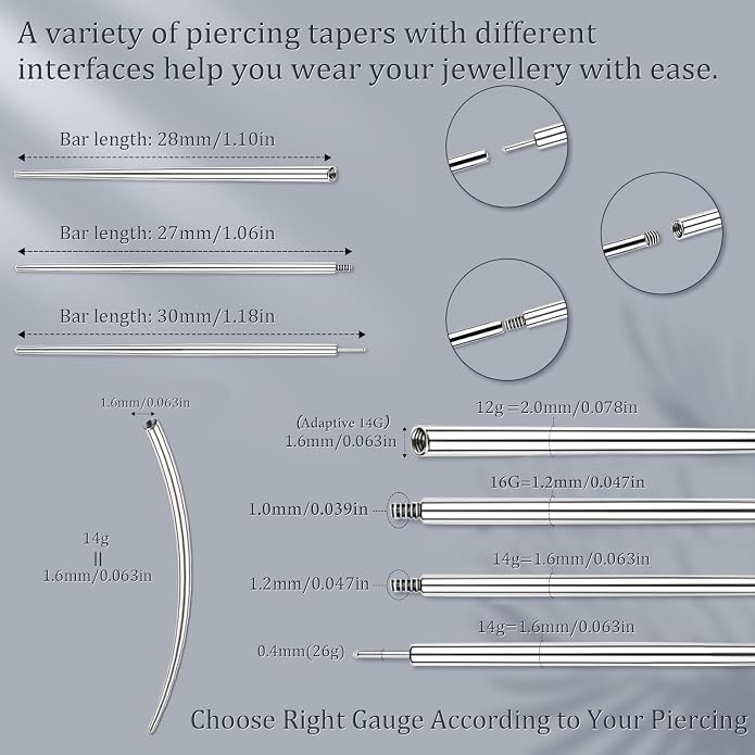 14G 16G 18G 20G Piercing Taper Piercing Ball Grabber Tool Stainless Steel Flat Back Earring Applicator Tool Threadless Insertion Pin Curved Body Piercing Kit for Ear/Nose/Navel/Lip/Eyebrow