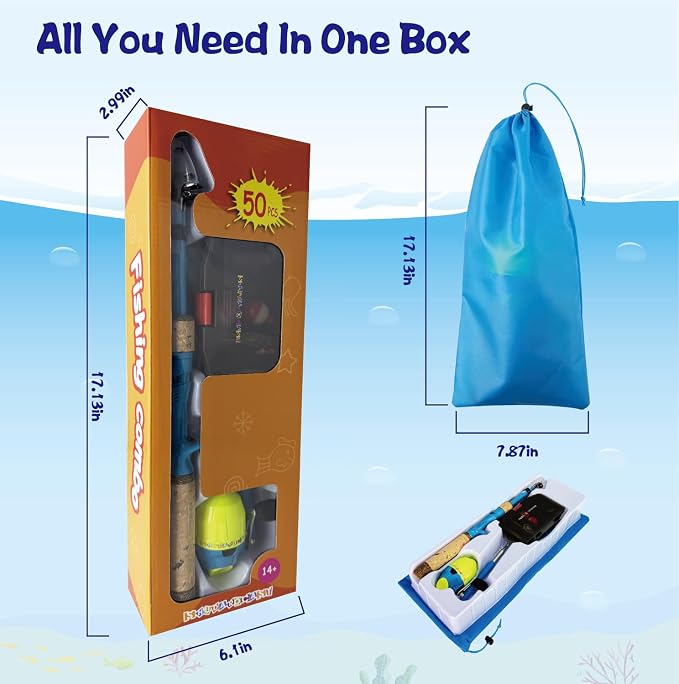 Kids Rod Set, Kids Fishing Rod and Reel Combo and Fishing Net Tackle Box with Fishing Lure Hook and Bag for Girls Beginners, Kids, Youth Anglers