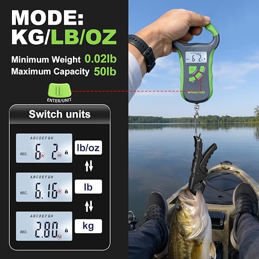 SNAIL TRAIL 8 Storage Bins Digital Fishing Scale & 4.6'' Lip Gripper, Backlit LCD Display, Multi-Mode(LB, OZ/LB & KG), Ergonomic Handle, 50 lbs Tournament Bass Fish Weigher for Anglers