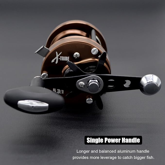 X-Tribe Round Baitcasting Fishing Reel, Synchronized Level Wind System, 17 LBs Powerful Carbon Drag, 5.3:1 Gear Ratio, Single Power Handle, All Metal Frame and Side Covers for Saltwater