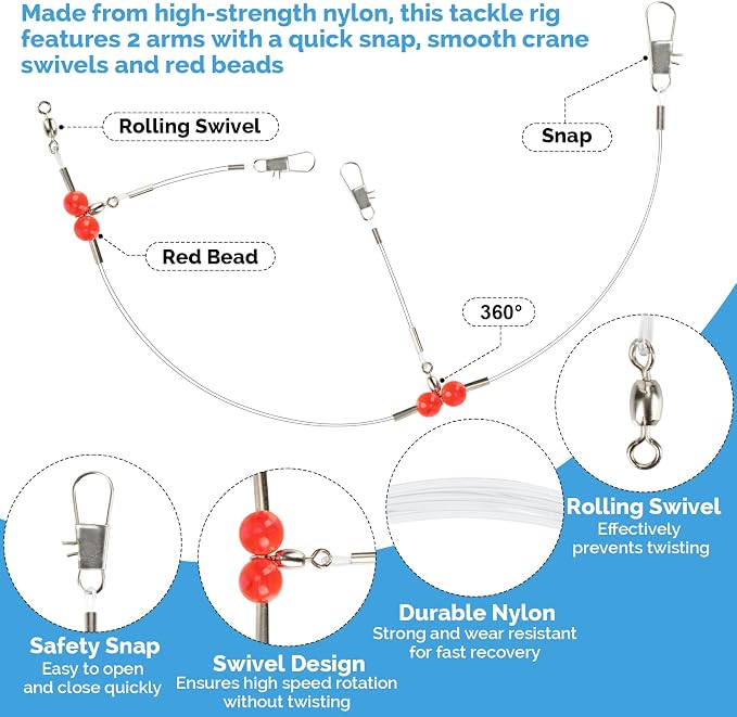 RAINFLOW 6 Pcs 2-Arm Fishing Leaders with Swivels - Stainless Steel & Nylon Wire Leaders for Saltwater & Freshwater Fishing