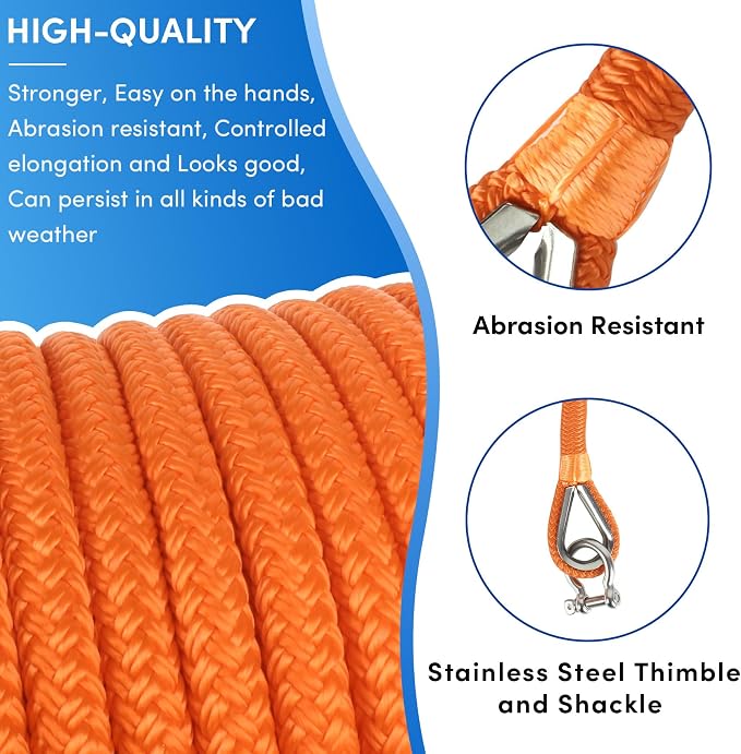 Boat Anchor Rope 100 ft x 1/2 inch Orange, Double Braided Anchor Line with Stainless Steel Thimble & Shackle, Marine Rope Ideal for Towing,Mooring,Decks,Anchoring,for Boats Up to 35'