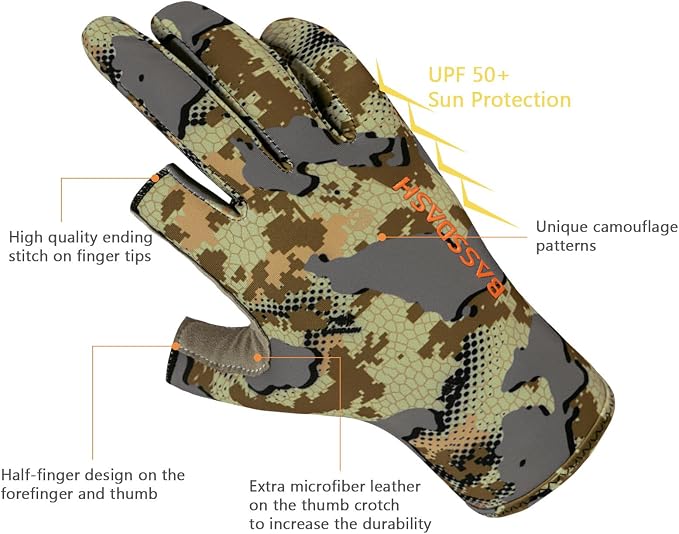 BASSDASH Unisex Fingerless Camo Hunting Gloves for Men's Women's Early Season Warm Weather UPF 50+ Lightweight Fishing Photography HG03