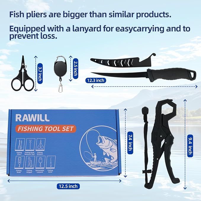 RAWILL Fishing Kit,Filleting Knife,Hook Remover,Fish Grip, Line Cutter,Fishing Scale, Pliers with Lanyards,Not Include Batteries