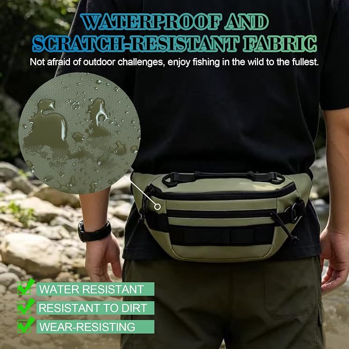 Fishing Waist Pack, Waterproof Fanny Pack with Two Tackle Boxes, Portable Sling Bag for Women & Men, Oxford Fabric, Green