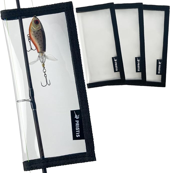 Pristis 4 Pack Fishing Lure Wraps, Clear Hook Cover Bait Keeper for Saltwater Freshwater, Durable PVC Tackle Storage Bag Kit with Hook & Loop Tape, 7.5''L Easy Open Organizer Protector Gear