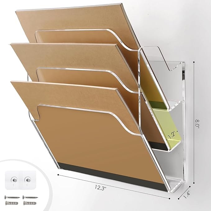 Acrylic Hanging Wall File Organizer, 2-Tier Mail Organizer Wall Mounted Magazine Wall File Holder, Paper Folder Organizer for Office, Desk, School