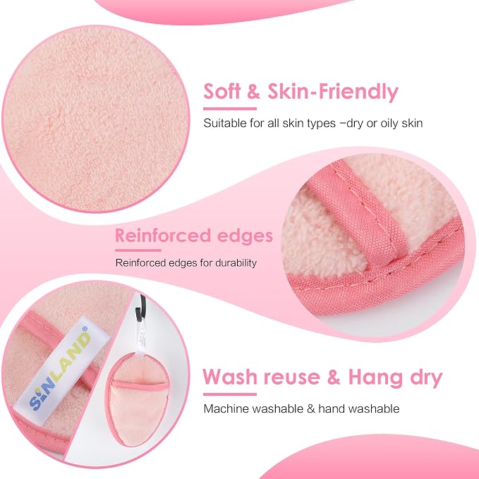SINLAND Reusable Makeup Remover Pads For Face,Eye,Lips Microfiber Gentle Facial Cleansing Cloths for All Skin Types Friendly for Makeup Remover With Laundry Bag 5.1inchx3.93inch Pink Pack of 6