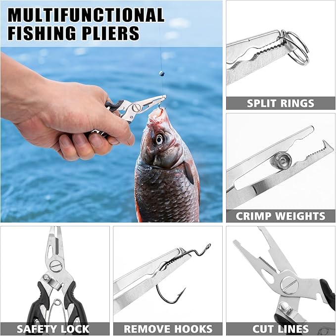 Fishing Pliers Kit with Line Cutter & Lip Gripper - Saltwater & Freshwater Fishing Tools for Anglers - Steel Fishing Gear with Lanyard - Portable Fishing Accessories Kit