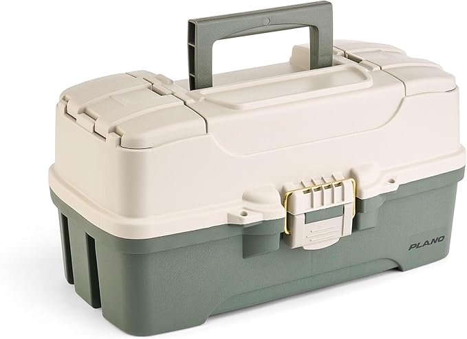 Plano Three-Tray Tackle Box Bass Kit, Tan/Green, Rust-Proof Brass Latch, Top-Access Tray Compartments with Deep Storage, Made in the USA, Portable Fishing Gear Storage Organizer