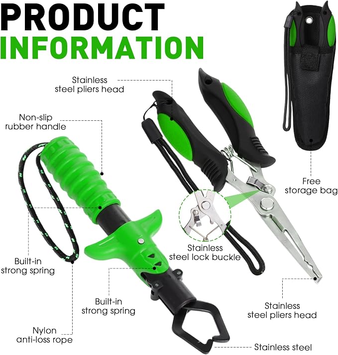 RoundFunny 10 Pcs Fishing Tool Kit, Fishing Pliers with Lanyard and Protective Sheaths, Landing Net, Fillet Knife, Fish Scale, Gripper, Hook Remover, Braid Scissors, Gloves for Men Dad Gift