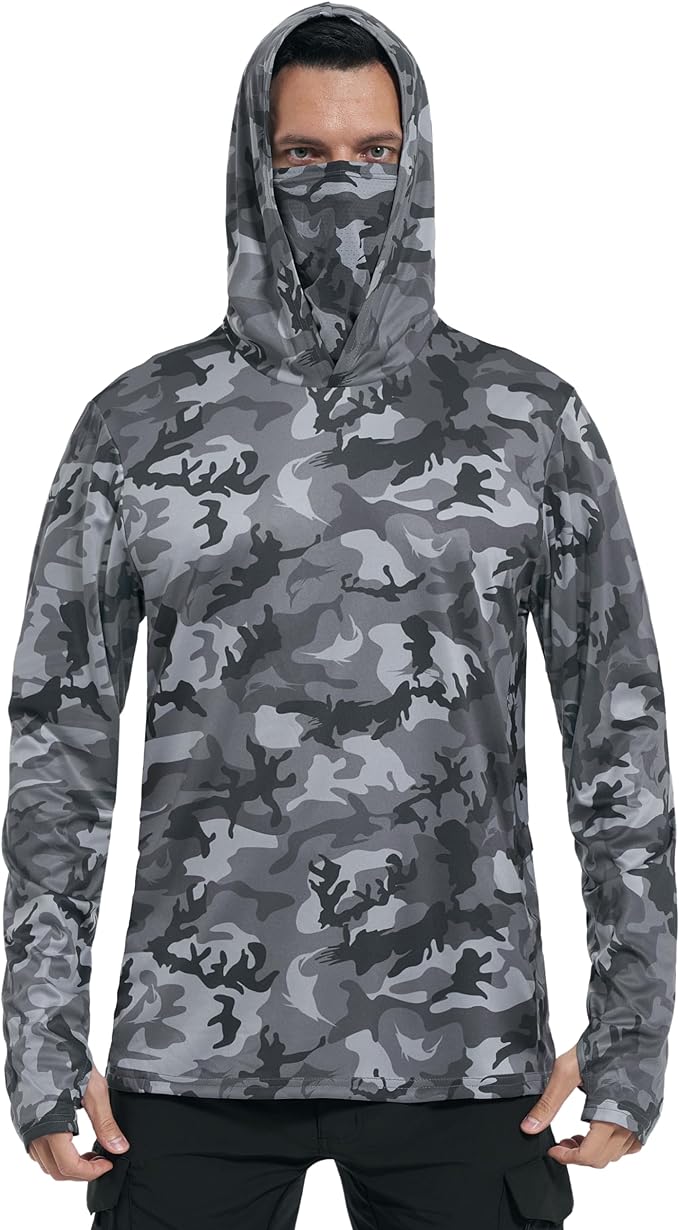FISHEAL Men's Performance Fishing Hoodie Shirt - UPF 50+ Sun Protection Long Sleeve Thumbholes Shirts with Neck Gaiter