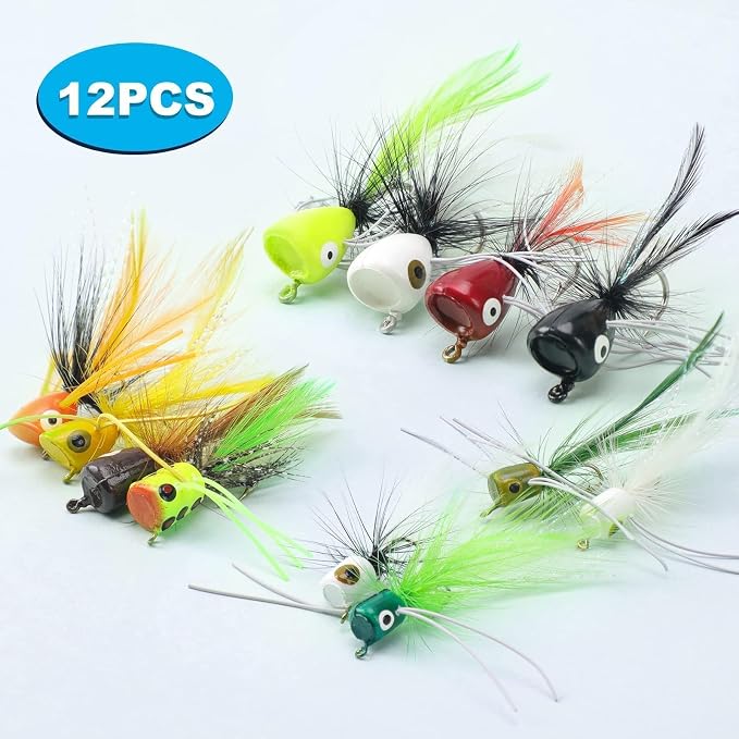 Fly Fishing Poppers Flies, Fly Popper Lures Bass Bluegill Crappie Trout Salmon Panfish Perch Popper Flies Kit for Fly Fishing