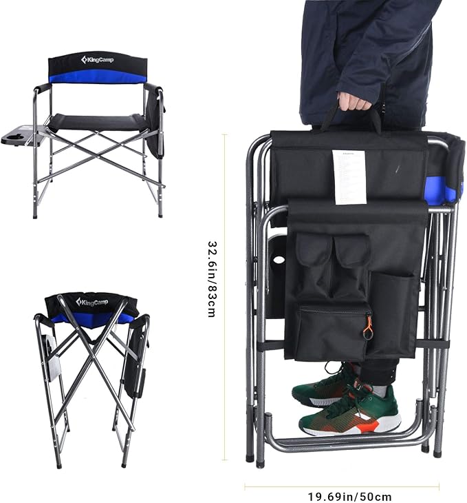 KingCamp Portable Camping Chair, Folding Directors Chair Compact Outdoor Chair with Side Table Cup Holder for Beach Trip Tailgating Lawn Sports Backpacking Fishing Picnic, Blue
