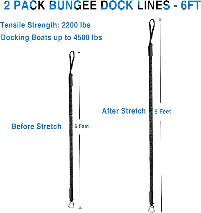 Bungee Dock Line Boat Accessories - Pontoon, Jet Ski, Kayak Accessories with 316 Stainless Steel Clip