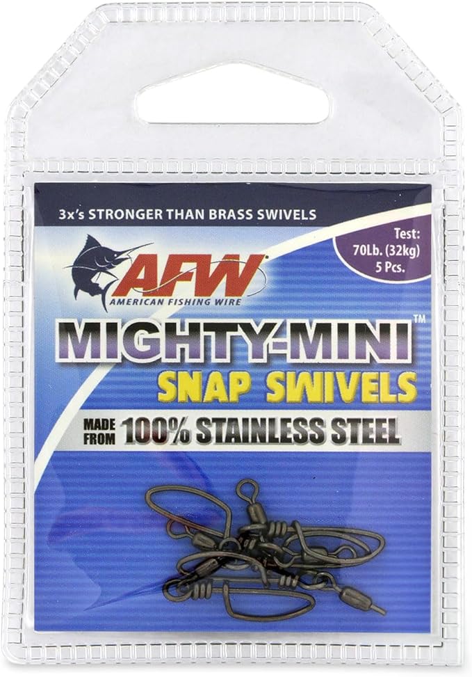 American Fishing Wire Fishing Swivels - Mighty Mini 100% Stainless Steel Snap Crane Swivels, 3X Stronger Than Brass, For Terminal Tackle Box, Up to 600lb Test - Fishing Gear for Fishing Line Leaders