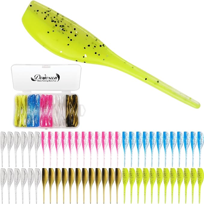 Dovesun Crappie Lures Kit Fishing Soft Plastic Lures Crappie Walleye Trout Bass Fishing Baits Fishing Grub Worms Minnow Paddle-Tail Split-Tail Grub Swimbaits 50-100Pcs with Tackle Box
