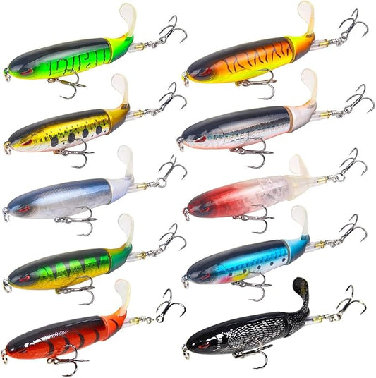 Popper Top Water Fishing Lure: Whopper Fishing Lures with Floating Rotating Tail Barb Treble Hooks Saltwater Freshwater for Bass