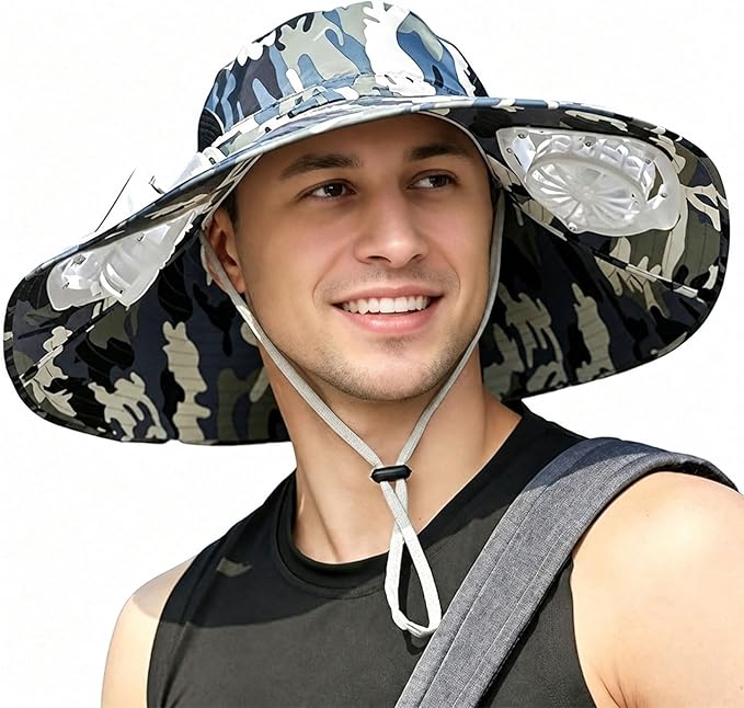 Mens Sun Hat with 2 Fan, Summer Cooling Wide Brim Bucket Hat, Beach Hat Garden Hat, Solar + USB Dual Power Supply