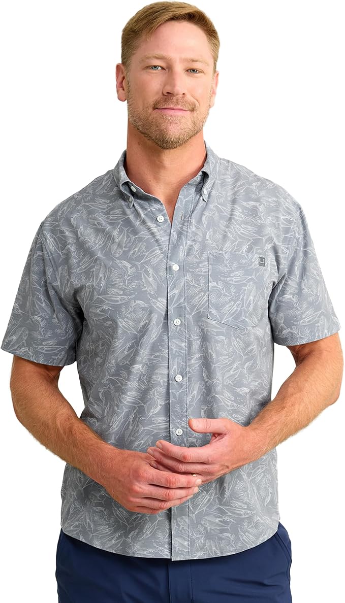 HUK Mens Kona Solid Short Sleeve Fishing Button Down Shirt for Men, Fresh Salmon, 3X-Large