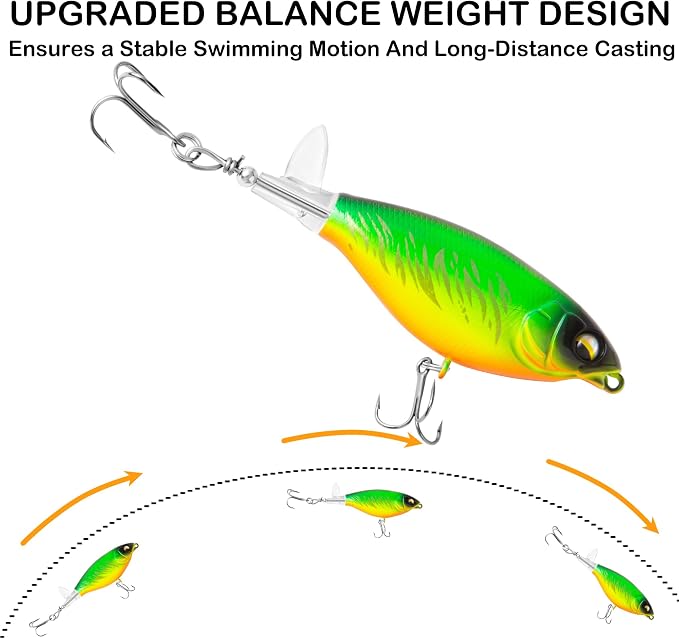 5Pcs Topwater Fishing Lures with Bait Box, Whopper Popper with Rotating Tail Treble Hooks, Plopper Floating Lure for Bass Crappie Walleye Catfish Pike Perch, Freshwater or Saltwater