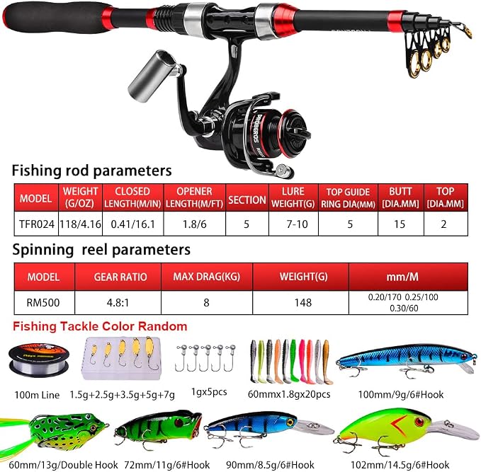 PROBEROS Kids Fishing Pole - Portable Telescopic Fishing Rod and Reel Combo Kit - Spincast Fishing Reel Casting Rods with Lures Lines Tackle Box and Bag for Boys Girls Youth Fishing