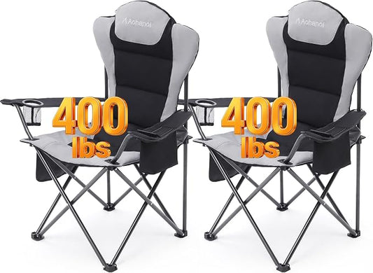 Aohanoi 2 Pack Camping Chairs for Heavy People,Outdoor Folding Camp Chairs for Adults with Cup Holder & Cooler Bag for Outside,Outdoor Lawn Chairs Supports Up to 400lbs