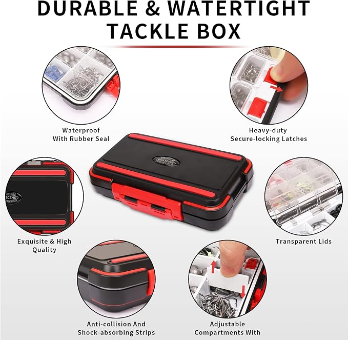 TRUSCEND Complete Fishing Accessories - Tackle Box with Tackle Included, Fishing Hooks, Jig Heads, Sinkers, Weights, Swivels, Snaps, Bobbers, Leaders - Fishing Gear Set for Bass Trout Panfish Walleye